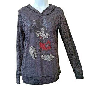 Disney Sheer Studded Mickey Mouse Crew Neck Hooded Tee Shirt Top Heathered Gray